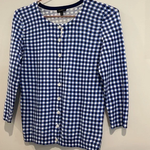 TALBOTS Gingham Cardigan Tank Blue Sweater - Picture 5 of 12